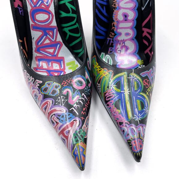 Balenciaga Graffiti Knife Pumps Black Leather Heels Pointed Sz 37.5 / 7.5 US‎ - Picture 6 of 12